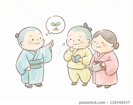 Illustration of Japanese-style characters discussing plant growth and sprouting: Image material for education, environment, and SDGs. 138548437
