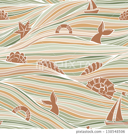 Summer Boho Sea Waves Line Art Seamless Pattern Vector Background in Beige Green, Hand Drawn Ocean, Boats and Seashells, Dolphin Tails Bohemian Marine Hairline Wallpaper Summer Boho Sea Waves Line Art Seamless Pattern Vector Background in Beige Green, Hand Drawn Ocean, Boats and Seashells, Dolphin Tails Bohemian Marine Hairline Wallpaper 138548506