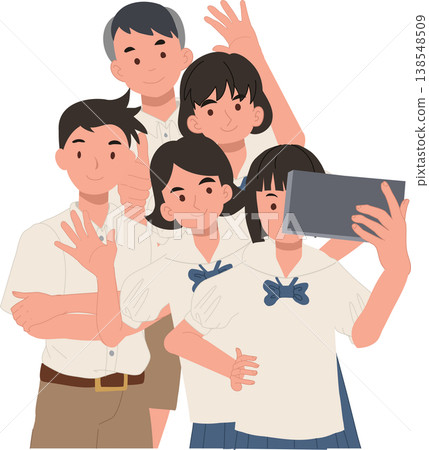 students group selfie asian thai students in school uniform smiling and waving. education concept students group selfie asian thai students in school uniform smiling and waving. education concept 138548509