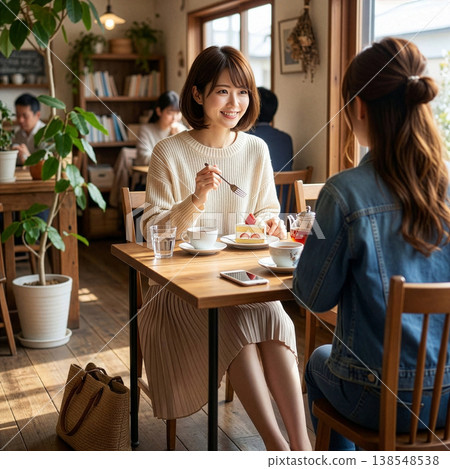 一位年輕女子在咖啡館和朋友喝茶。 138548538