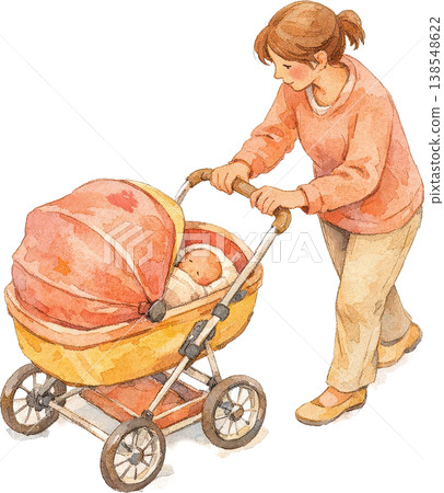 A mother pushing a stroller with her sleeping baby; a peaceful moment of parenting (watercolor painting) A mother pushing a stroller with her sleeping baby; a peaceful moment of parenting (watercolor painting) 138548622