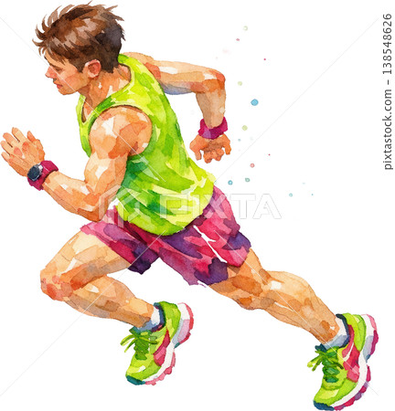 一幅描繪奔跑男子的水彩畫；一幅充滿活力的運動插畫。 138548626