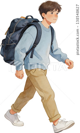 A watercolor-style illustration of a student boy walking with a backpack on, smiling. A watercolor-style illustration of a student boy walking with a backpack on, smiling. 138548627