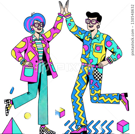 一幅描繪一男一女以復古流行風格擊掌的插圖。 一幅描繪一男一女以復古流行風格擊掌的插圖。 138548632