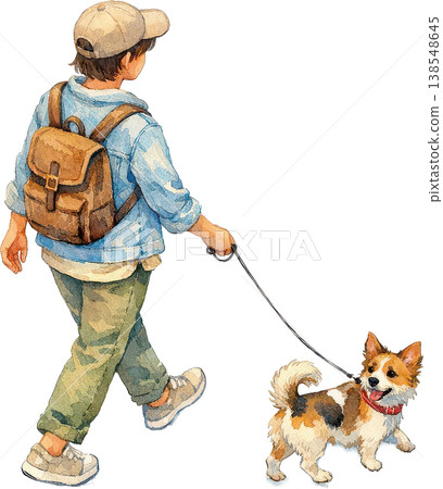 A watercolor painting of a child walking a Corgi dog with a backpack on. A watercolor painting of a child walking a Corgi dog with a backpack on. 138548645