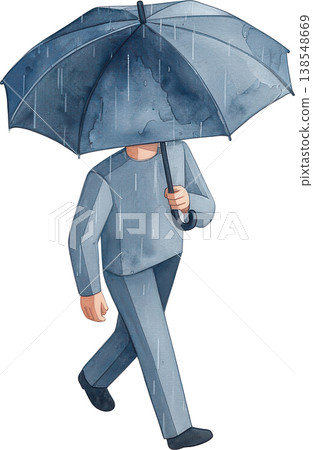 Illustration of a person walking in the rain with an umbrella. Illustration of a person walking in the rain with an umbrella. 138548669