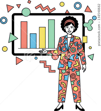 一位身穿時尚套裝的女士正在商務簡報中講解長條圖。 一位身穿時尚套裝的女士正在商務簡報中講解長條圖。 138548682