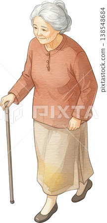 一幅柔和的水彩風格插畫，描繪了一位老婦人拄著拐杖平靜地行走。 138548684