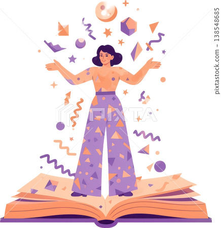 一幅描繪女性表達從書中展開的想像和知識世界的插圖。 138548685