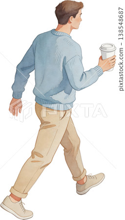 水彩插畫，描繪了一位手捧咖啡杯的年輕男子行走的情景。 138548687