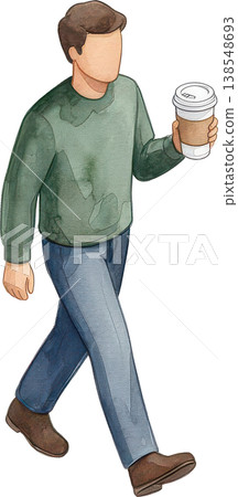 Watercolor illustration of a man walking with a coffee cup in his hand. Watercolor illustration of a man walking with a coffee cup in his hand. 138548693
