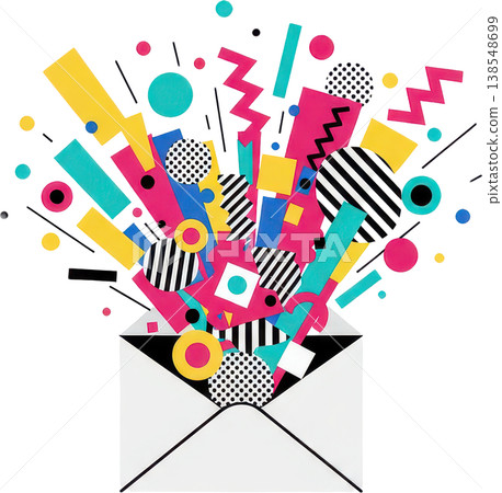 Memphis-style geometric patterns and pop colors overflow from the envelope. Memphis-style geometric patterns and pop colors overflow from the envelope. 138548699