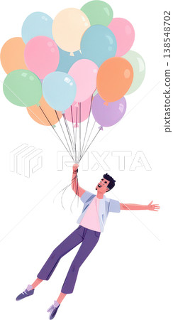 An illustration of a joyful man soaring through the sky with colorful balloons. An illustration of a joyful man soaring through the sky with colorful balloons. 138548702