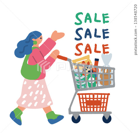 Illustration of a woman walking with a shopping cart. Illustration of a woman walking with a shopping cart. 138548720