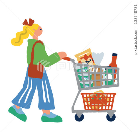 Illustration of a woman walking with a shopping cart. Illustration of a woman walking with a shopping cart. 138548721