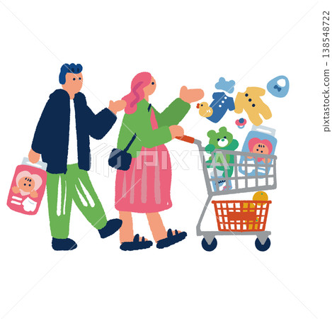 An illustration of a couple buying baby products with a shopping cart. An illustration of a couple buying baby products with a shopping cart. 138548722