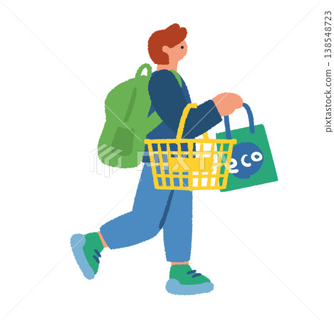 永續購物：一名男子手提環保袋和購物籃行走的插圖。 138548723