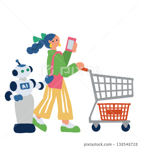 A woman shopping with an AI providing advice while pushing a shopping cart. A woman shopping with an AI providing advice while pushing a shopping cart. 138548728