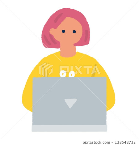 一位女性使用筆記型電腦的正面插圖。 一位女性使用筆記型電腦的正面插圖。 138548732