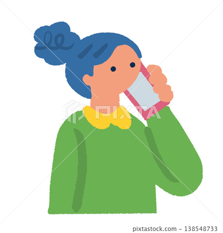 An illustration of a woman's upper body while she is talking on her smartphone. An illustration of a woman's upper body while she is talking on her smartphone. 138548733