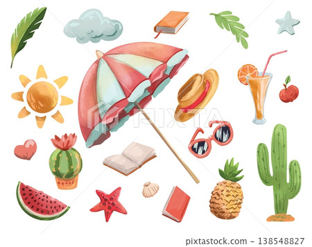 Watercolor style vector set of beach reading and summer elements on white background Watercolor style vector set of beach reading and summer elements on white background 138548827