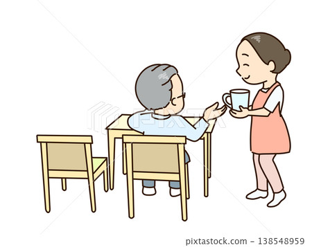A senior citizen who was reading a book is about to take his medicine. A woman prepares water for him. A senior citizen who was reading a book is about to take his medicine. A woman prepares water for him. 138548959
