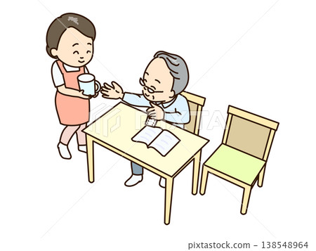 一位正在看書的老人正準備服藥。一位女士為他準備了水。 一位正在看書的老人正準備服藥。一位女士為他準備了水。 138548964