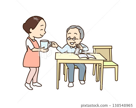 一位正在看書的老人正準備服藥。一位女士為他準備了水。 一位正在看書的老人正準備服藥。一位女士為他準備了水。 138548965
