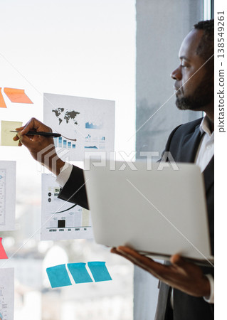 An African American man in a suit reviews charts and sticky notes on a glass wall while holding a laptop, planning a business strategy An African American man in a suit reviews charts and sticky notes on a glass wall while holding a laptop, planning a business strategy 138549261