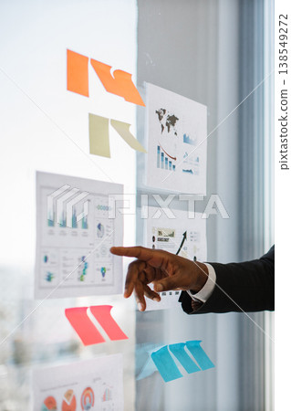 An African American man in a suit points to charts and graphs on a glass wall during a business strategy meeting 138549272