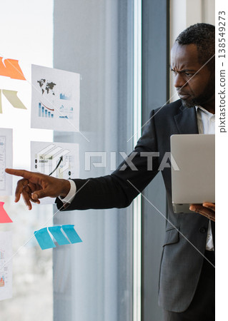 An African American man in a suit points at charts on a glass wall while holding a laptop, planning a business strategy An African American man in a suit points at charts on a glass wall while holding a laptop, planning a business strategy 138549273