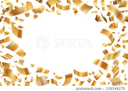 Golden confetti burst with falling sparkling ribbons on white backdrop. Festive frame for anniversary celebrations and party decorations. Vector illustration 138549278