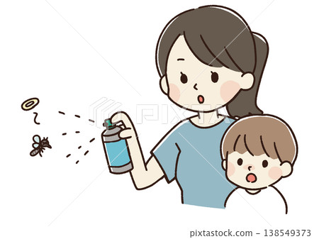 一幅插圖描繪了一位家長和孩子正在噴灑蚊子驅蚊劑的情景。 138549373