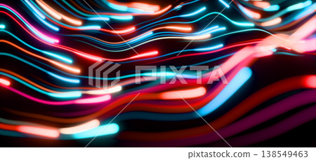 Neon color glowing speed lines 3D background. Vibrant electric red, orange and blue energy flow. Abstract dark bg with wave curve light trails motion blur effect for futuristic design. 3D illustration Neon color glowing speed lines 3D background. Vibrant electric red, orange and blue energy flow. Abstract dark bg with wave curve light trails motion blur effect for futuristic design. 3D illustration 138549463