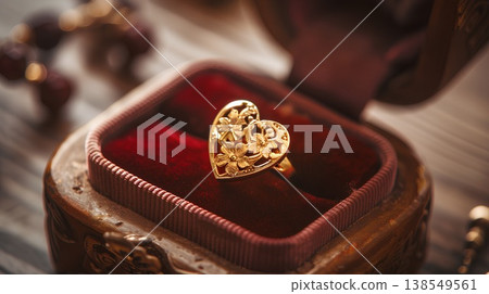 golden heart-shaped ring with delicate floral designs, placed in an open velvet box on the table, exuding romantic charm and exquisite craftsmanship golden heart-shaped ring with delicate floral designs, placed in an open velvet box on the table, exuding romantic charm and exquisite craftsmanship 138549561