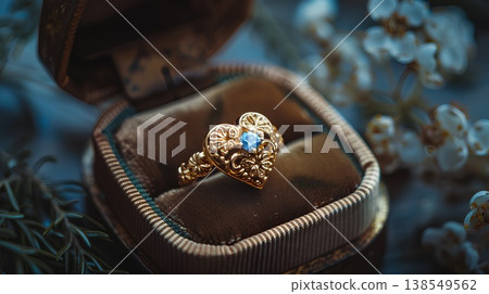 golden heart-shaped ring with delicate floral designs, placed in an open velvet box on the table, exuding romantic charm and exquisite craftsmanship 138549562