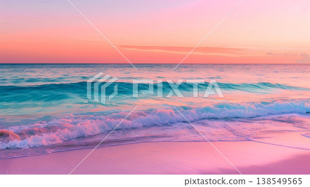 pink and turquoise ocean at sunset, with the sky painted in shades of orange, purple, blue, and green, reflecting on the calm waters near an exotic beach pink and turquoise ocean at sunset, with the sky painted in shades of orange, purple, blue, and green, reflecting on the calm waters near an exotic beach 138549565