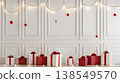 wall with white wall paneling, a white background, and a white room. there are 9 red present boxes on the white panels, and christmas lights are hanging from the wall. 138549570