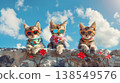 three cute cats wearing colorful bandanas and sunglasses, sitting on top of a stone wall with red flowers in their fur, against a background of a blue sky with fluffy clouds on a sunny day 138549576