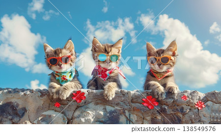 three cute cats wearing colorful bandanas and sunglasses, sitting on top of a stone wall with red flowers in their fur, against a background of a blue sky with fluffy clouds on a sunny day three cute cats wearing colorful bandanas and sunglasses, sitting on top of a stone wall with red flowers in their fur, against a background of a blue sky with fluffy clouds on a sunny day 138549576