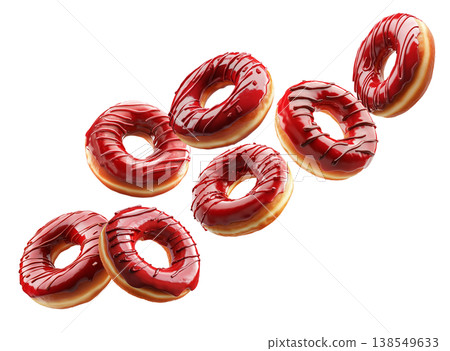 Delicious red glazed donuts with chocolate drizzle isolated on white background, concept of sweet bakery desserts Delicious red glazed donuts with chocolate drizzle isolated on white background, concept of sweet bakery desserts 138549633
