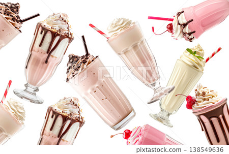 Multiple milkshakes with whipped cream shown isolated on white background, concept of sweet dessert treats 138549636