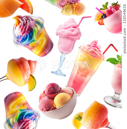 Assorted vibrant frozen beverages sherbet and ice cream isolated on white background, expressing summer refreshment concept 138549638