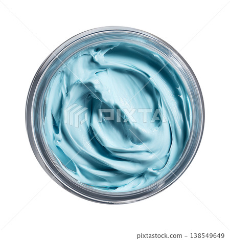Blue cosmetic cream or butter texture in opened jar from above isolated on white background, concept of skincare hydration Blue cosmetic cream or butter texture in opened jar from above isolated on white background, concept of skincare hydration 138549649