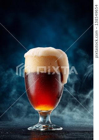 A glass of red beer with rich foam shown on a dark background, concept of refreshment and craft brewing A glass of red beer with rich foam shown on a dark background, concept of refreshment and craft brewing 138549654