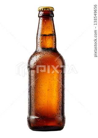 Closeup cold amber beer bottle covered with water droplets isolated on white background, concept of refreshment Closeup cold amber beer bottle covered with water droplets isolated on white background, concept of refreshment 138549656