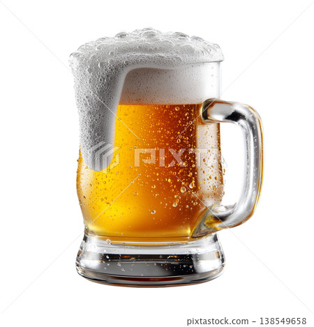 A glass of golden beer with thick foam shown isolated on white background, concept of refreshment and celebration A glass of golden beer with thick foam shown isolated on white background, concept of refreshment and celebration 138549658