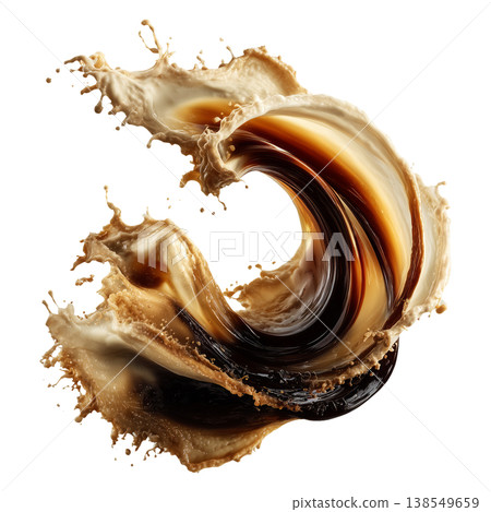 Coffee, cream, and milk splashes merging in dynamic style isolated on white background, concept of fluid energy and freshness Coffee, cream, and milk splashes merging in dynamic style isolated on white background, concept of fluid energy and freshness 138549659