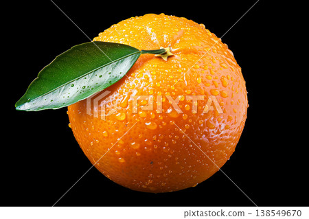 Fresh orange with leaf and water droplets isolated on black background with clipping path, concept freshness and natural quality 138549670