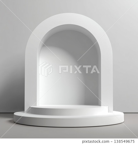 Minimal white arch podium in minimal style on white monochrome background, modern beverage advertising and product presentation Minimal white arch podium in minimal style on white monochrome background, modern beverage advertising and product presentation 138549675